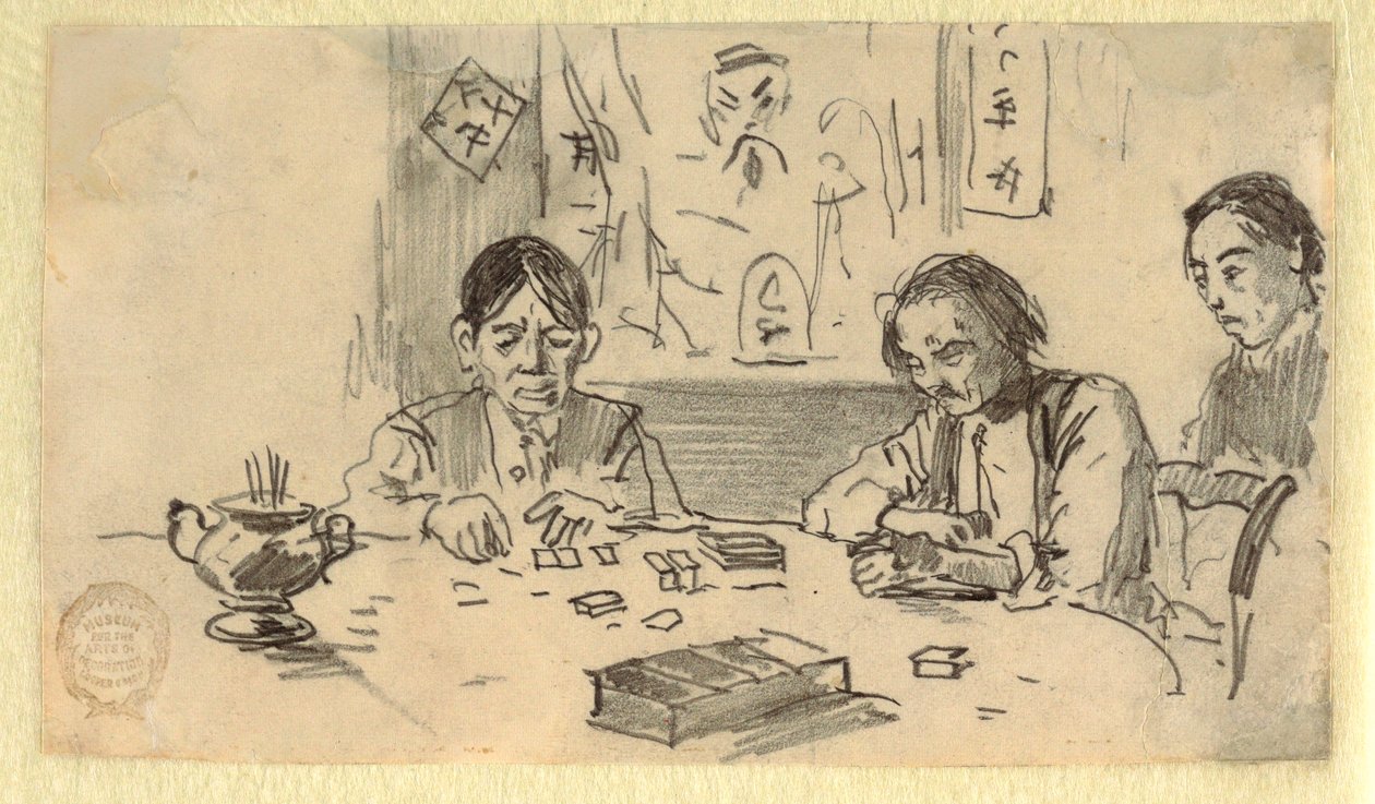 Disegno, Tre uomini cinesi che giocano a domino in una club-house di Baxter Street, New York City, 1874 ca. da Winslow Homer