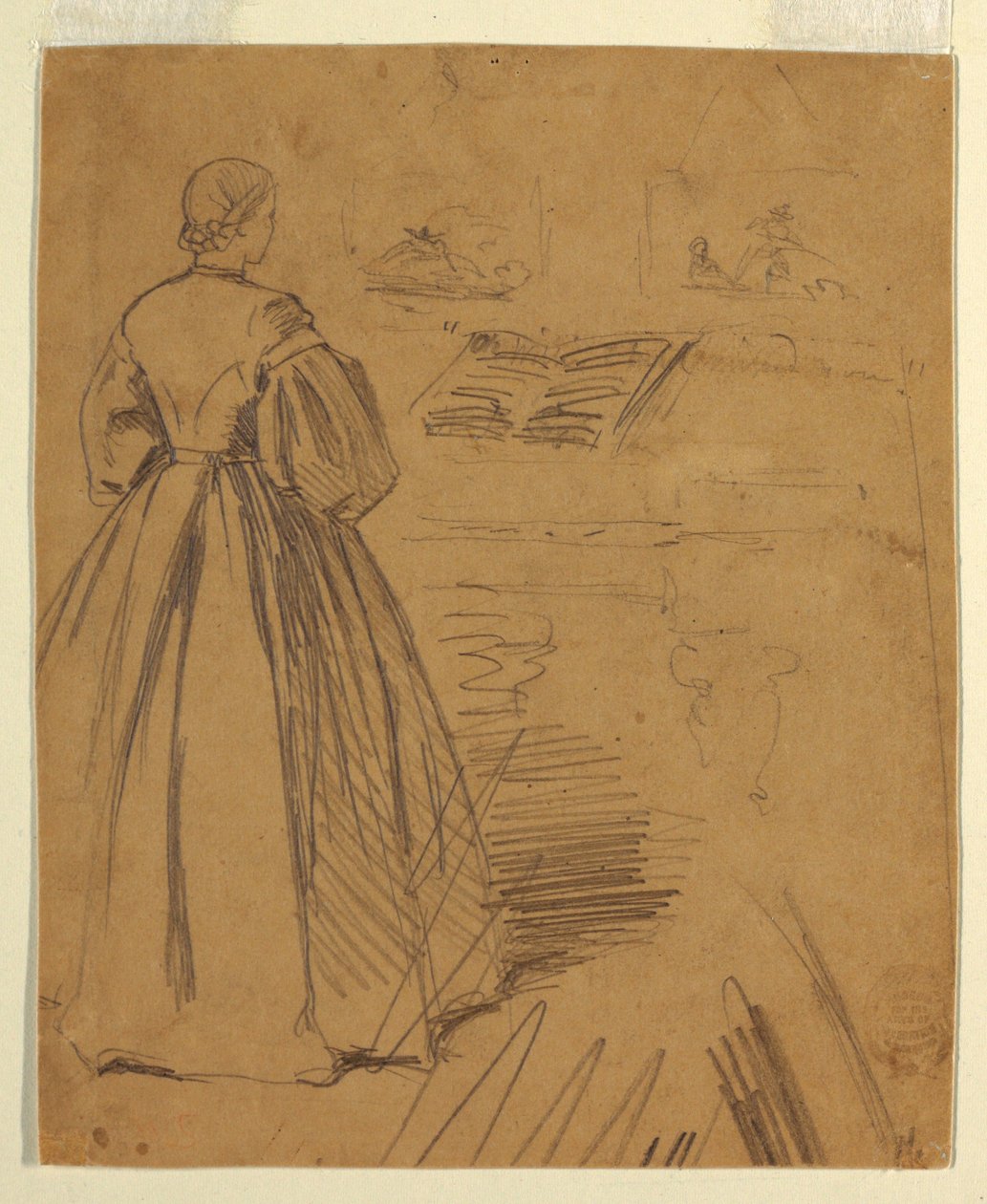 Disegno, Donna in piedi davanti a un pianoforte, 1862 da Winslow Homer