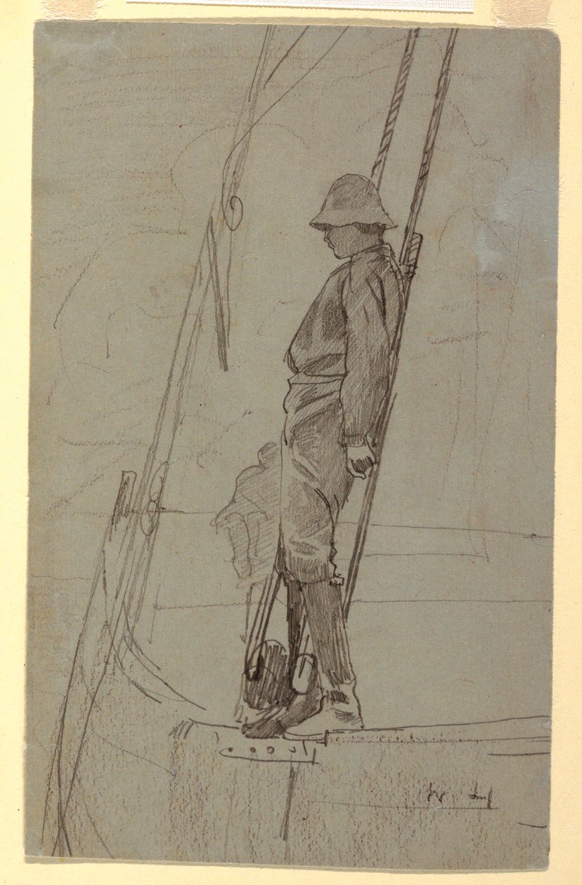 Disegno, Giovane uomo appoggiato al sartiame di una barca a vela, probabilmente 1861-62 da Winslow Homer