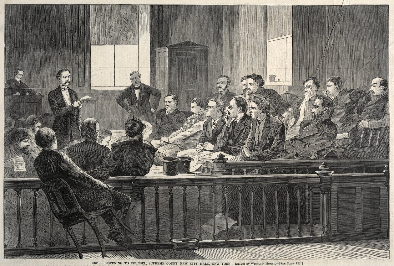 Giurati che ascoltano il consiglio, Corte Suprema, New City Hall, New York, 1869 da Winslow Homer