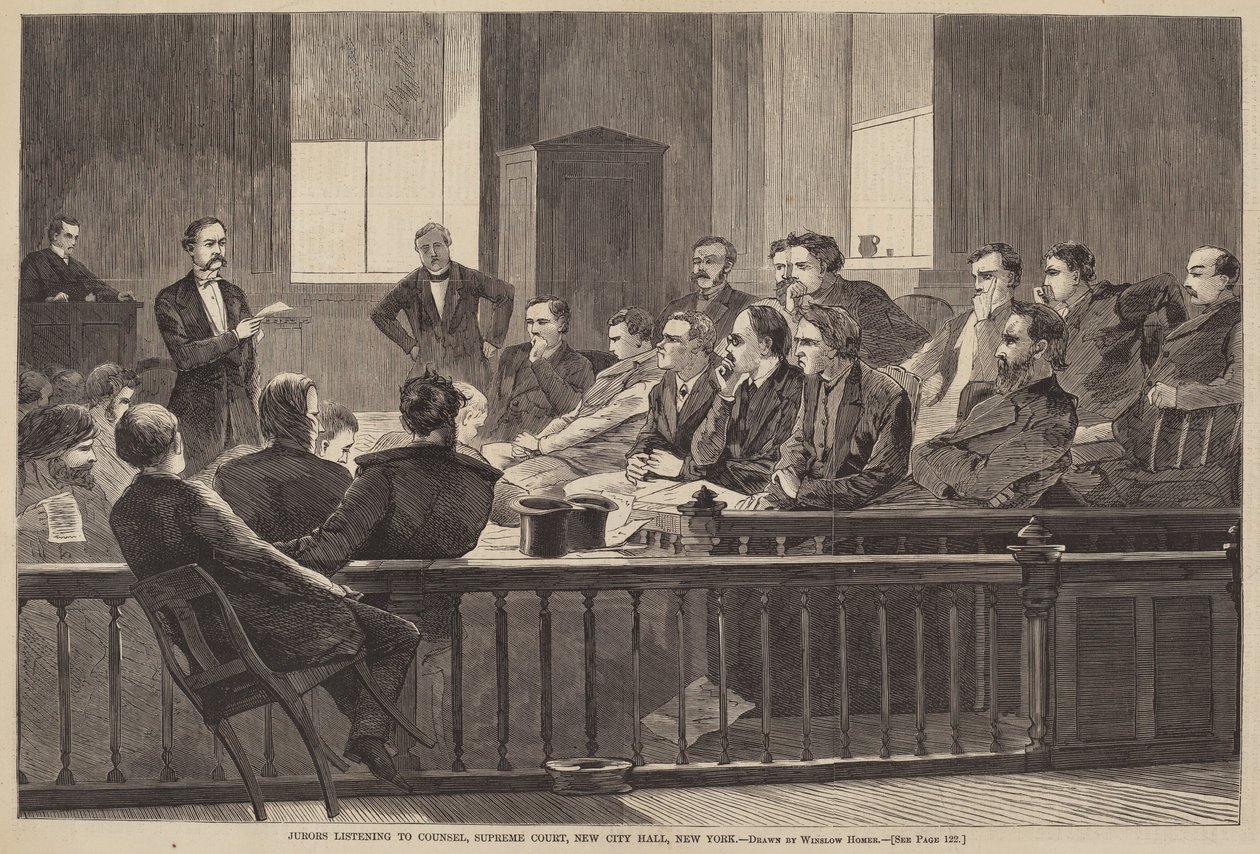 Giurati che ascoltano il consiglio, Corte Suprema, New City Hall, New York da Winslow Homer