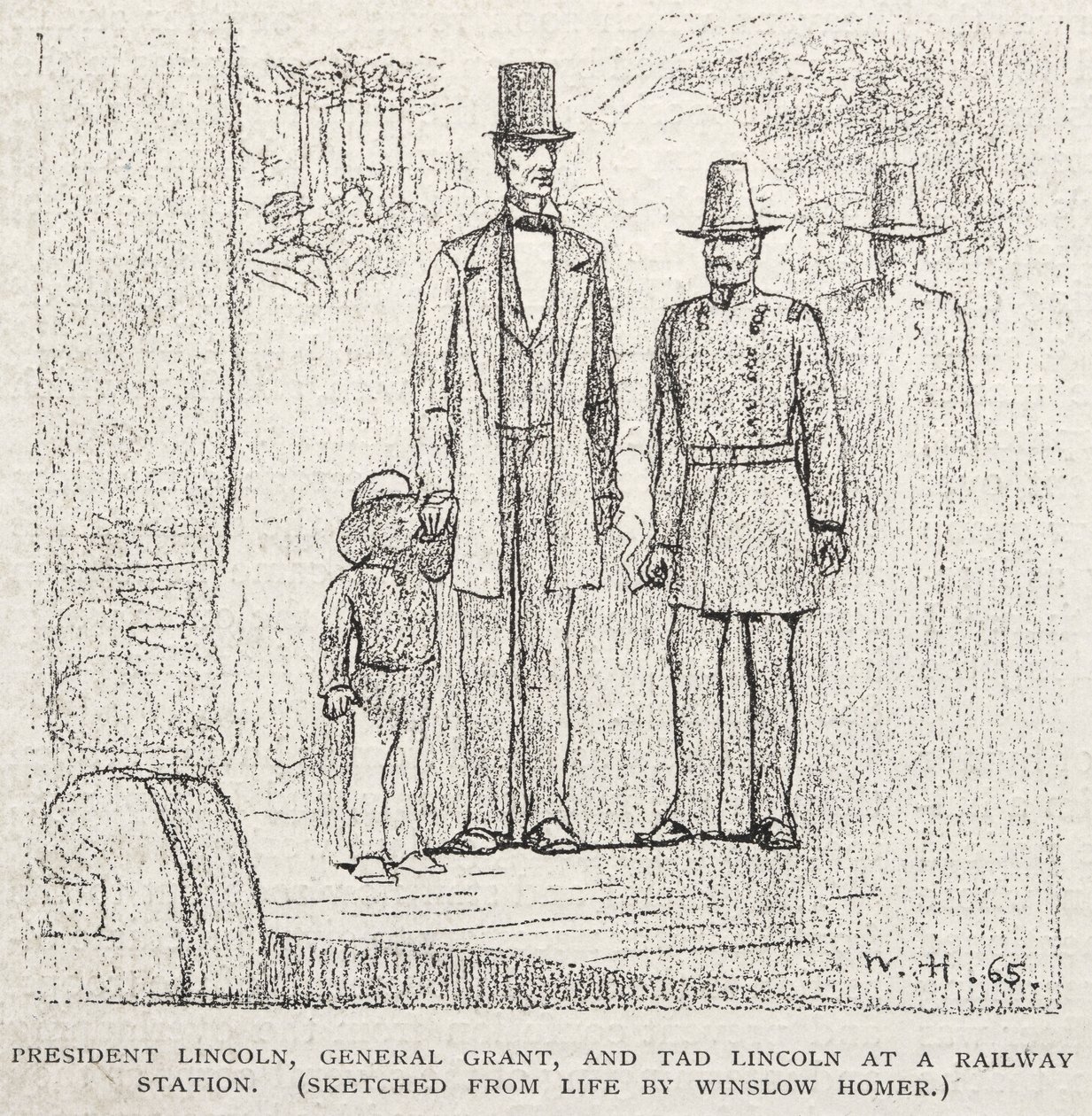 Il presidente Lincoln, il generale Grant e Tad Lincoln alla stazione ferroviaria, 1887 da Winslow Homer