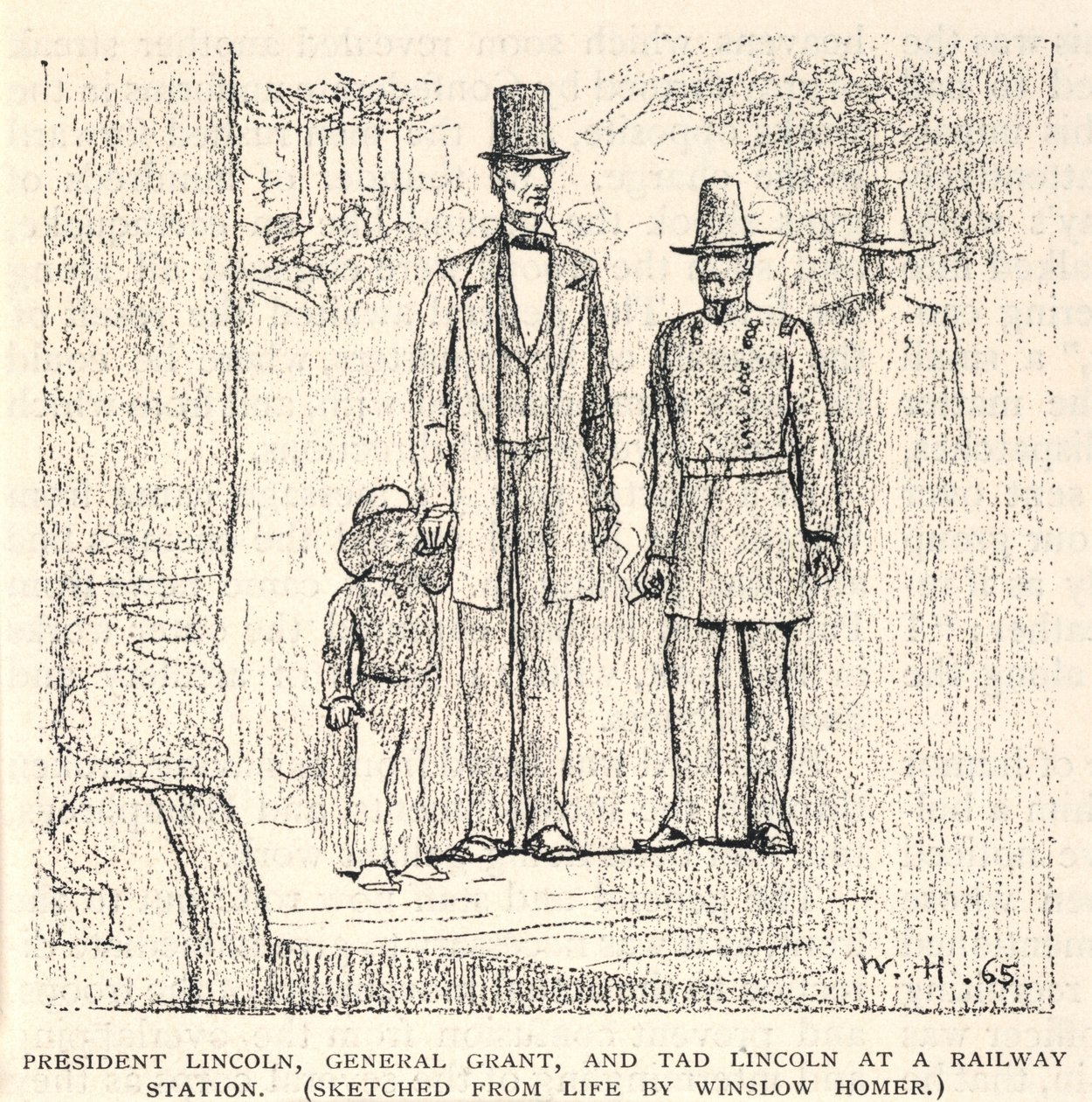 Il presidente Lincoln, il generale Grant e Tad Lincoln alla stazione ferroviaria, da The Century Magazine, novembre 1887 da Winslow Homer