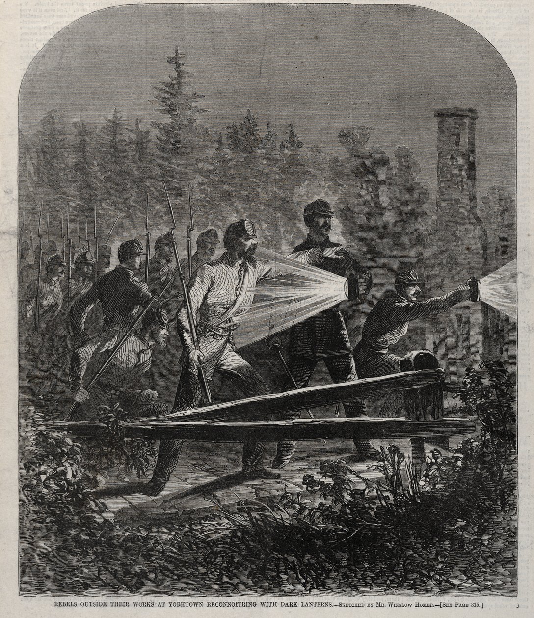 I ribelli, fuori dalle loro fortificazioni a Yorktown, effettuano ricognizioni con lanterne spente da Winslow Homer