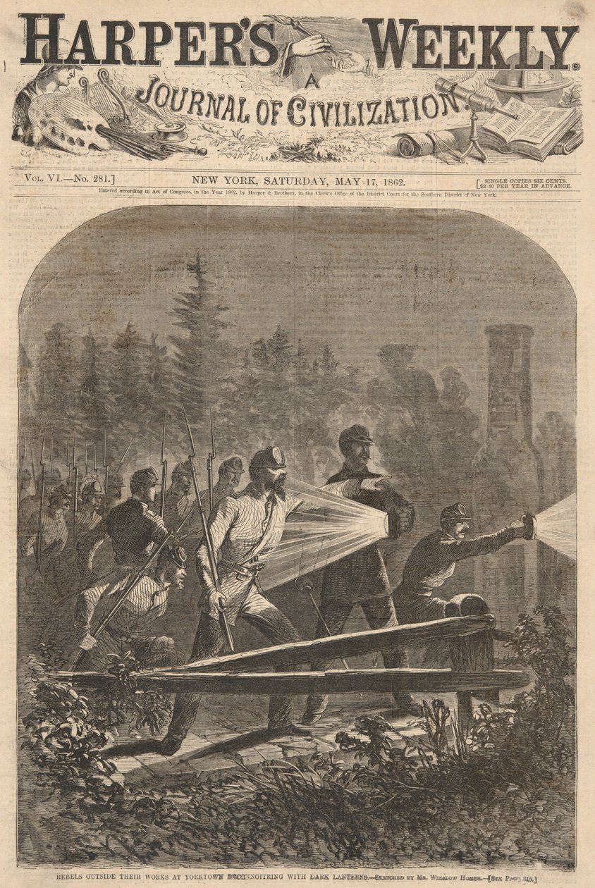 Ribelli fuori dalle loro opere a Yorktown che fanno ricognizione con lanterne scure, da Harper da Winslow Homer
