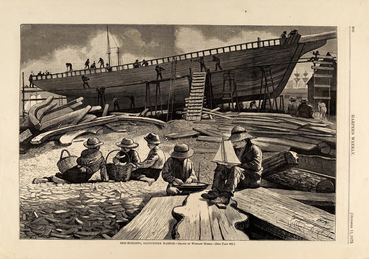 Costruzione di navi, porto di Gloucester, da Harper