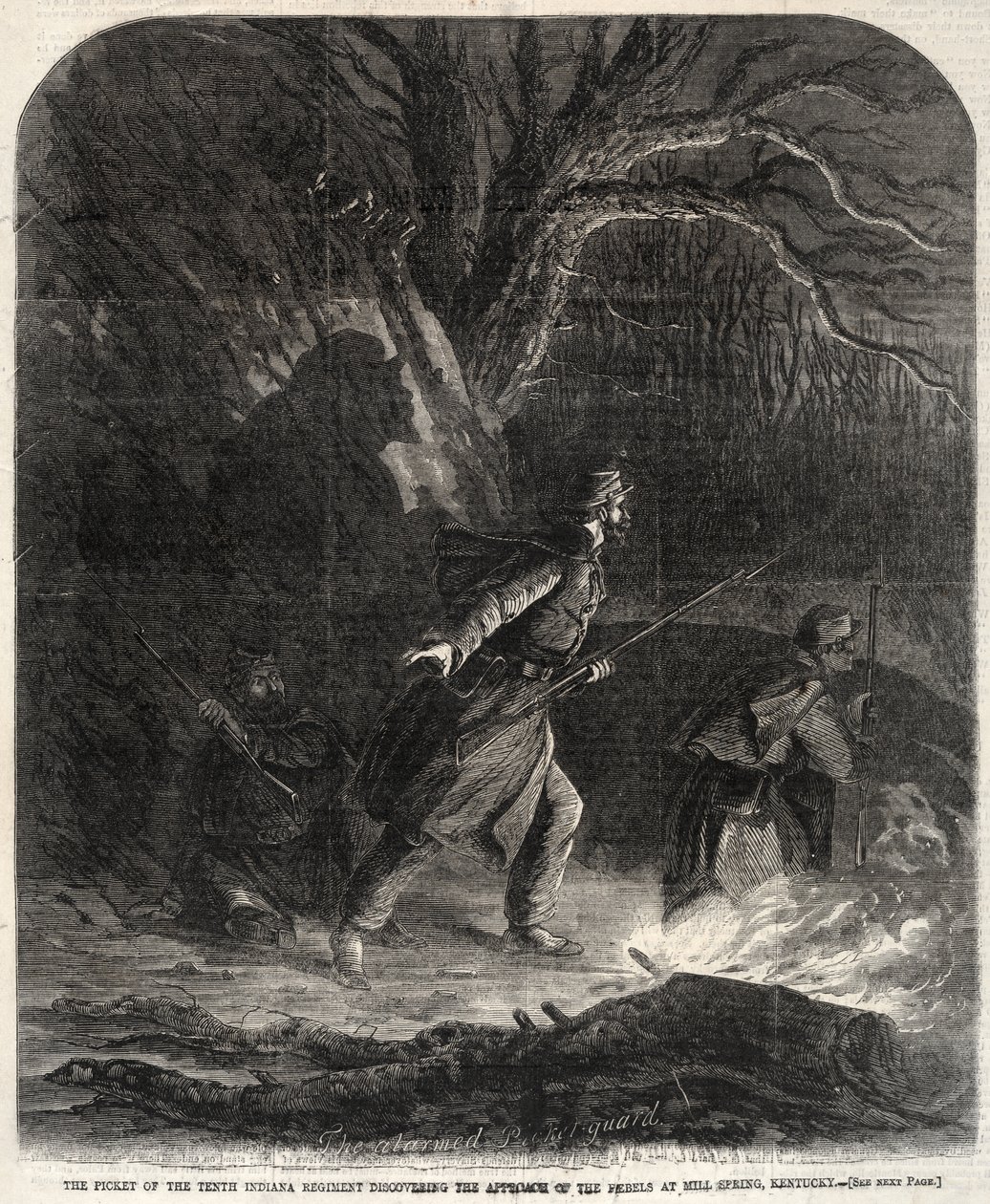 La sentinella del Decimo Reggimento dell’Indiana scopre l’avvicinarsi dei ribelli a Mill Spring, nel Kentucky da Winslow Homer