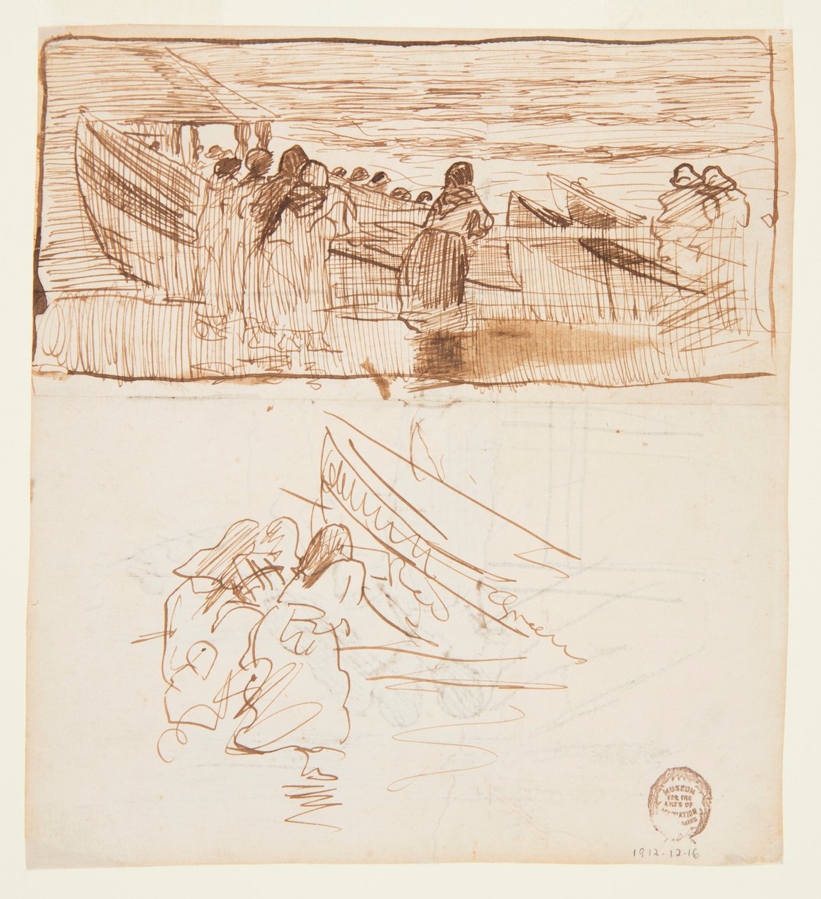 Due studi di donne in piedi dietro una ringhiera, guardando il varo delle dories, Cullercoats, Inghilterra da Winslow Homer