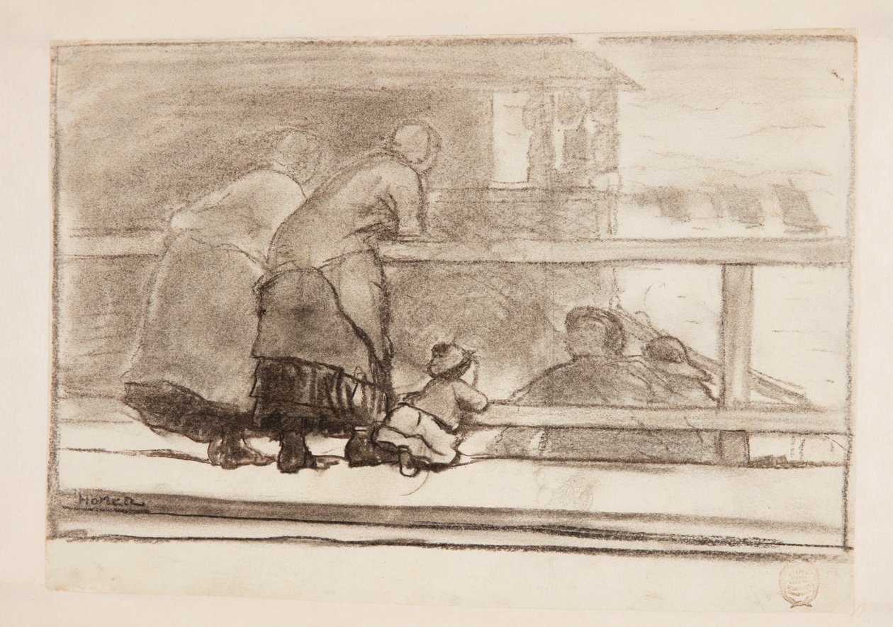 Due donne e un bambino a una ringhiera, con vista sulla spiaggia di Tynemouth da Winslow Homer
