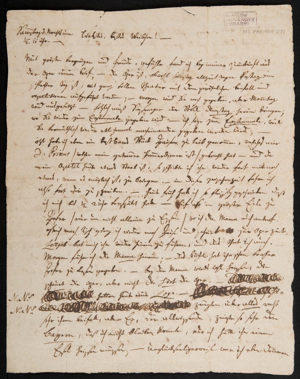 MS Farmer 2715 Lettera di W.A. Mozart a sua moglie, Konstanze, 1791, pagina 1 da Wolfgang Amadeus Mozart