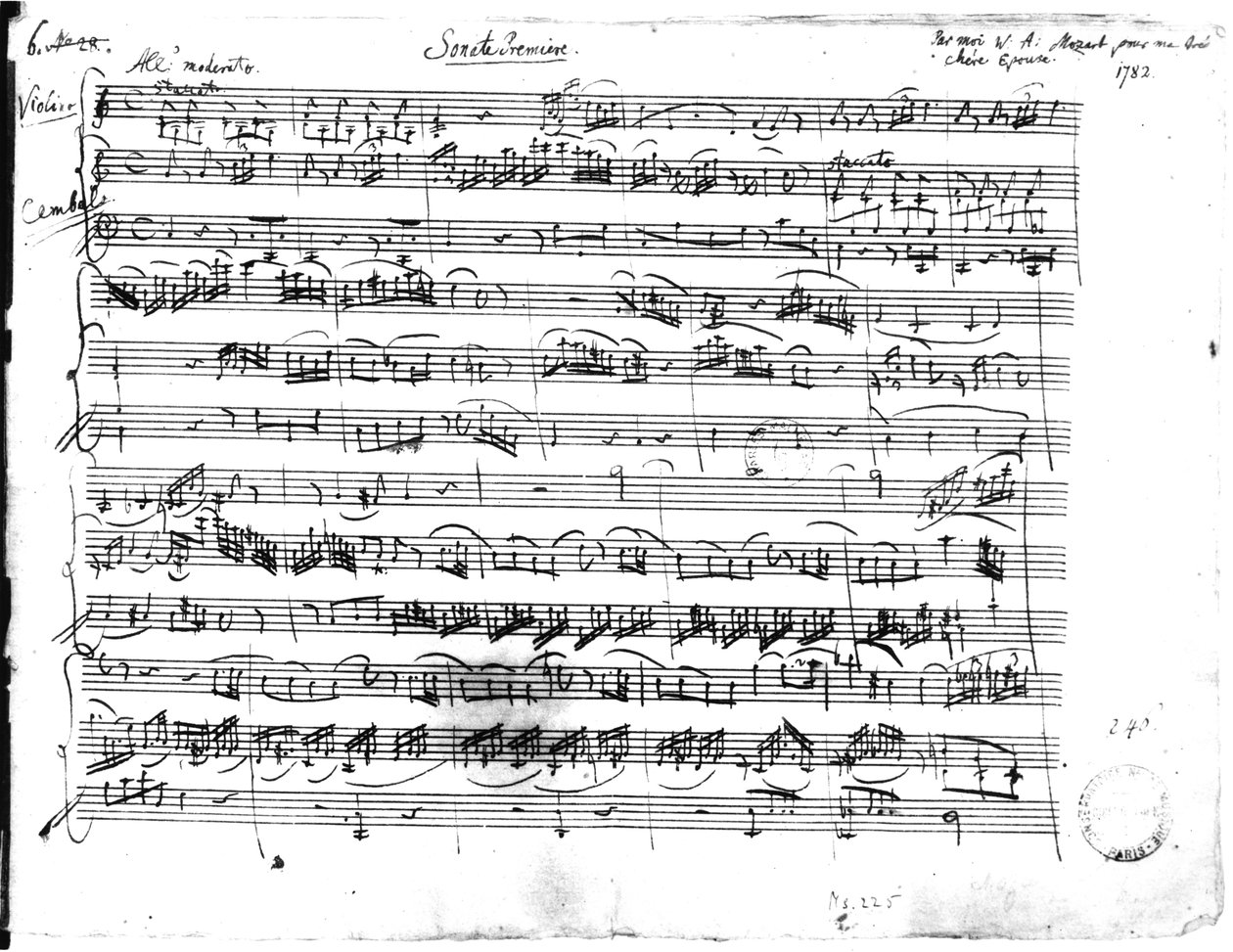 Ms.225 Sonate Premiere per violino e clavicembalo in Do maggiore (K 403) 1782 da Wolfgang Amadeus Mozart
