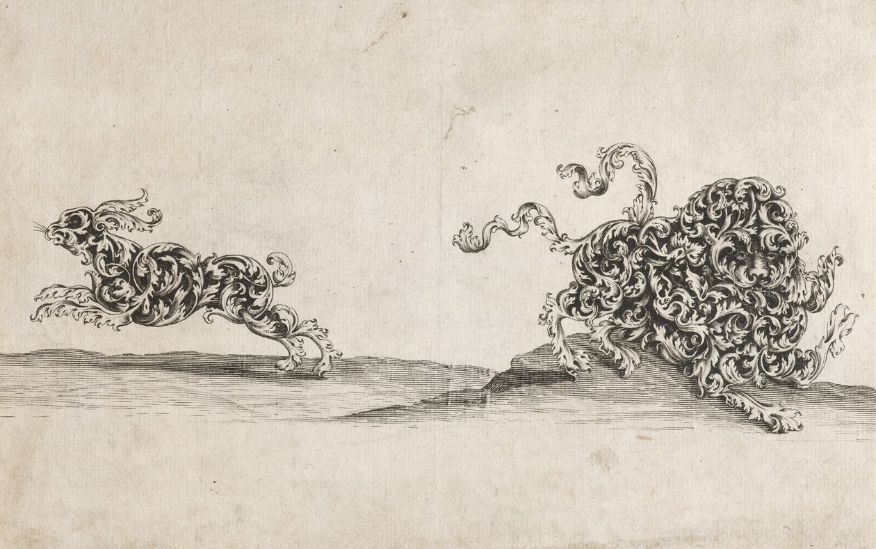 Leone e lepre composti da fogliame ornamentale da Wolfgang Hieronymus von Bömmel