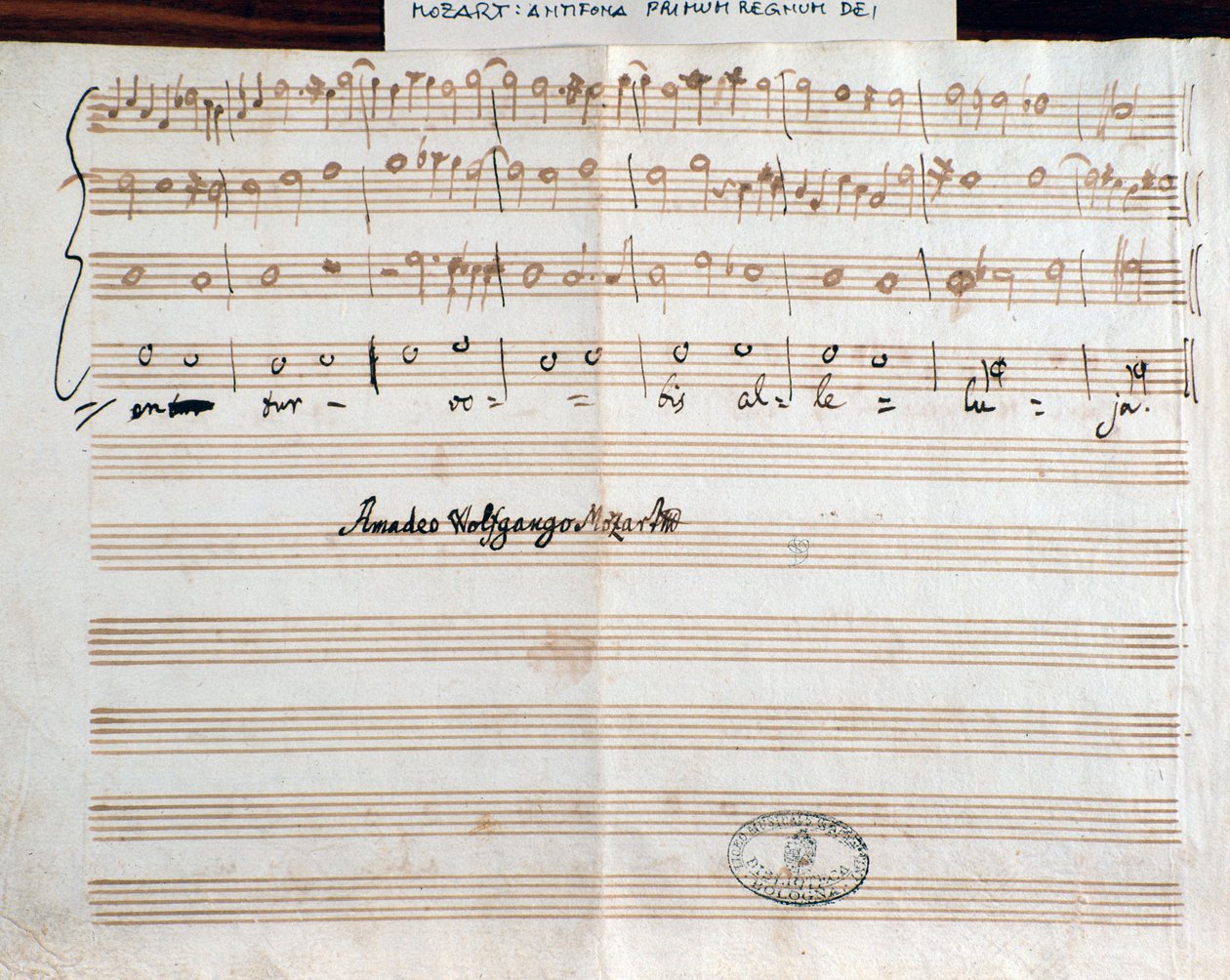Pagina con la firma del compositore di Querite primum regnum Dei di Mozart per ottenere il titolo di Accademico filarmonico (1770) da Wolfgang Amadeus Mozart