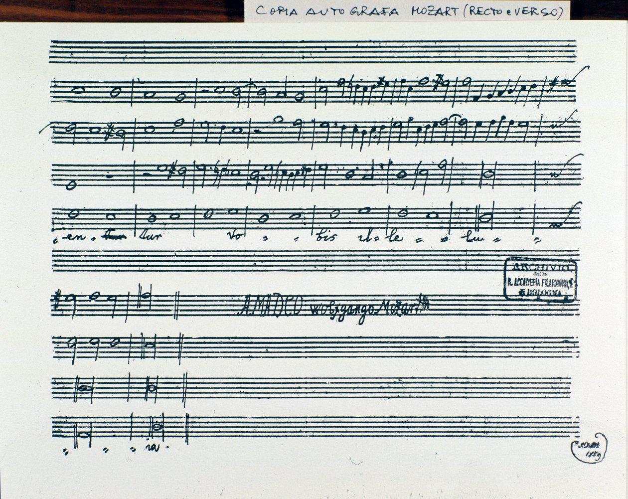 Pagina di spartito di Querite primum regnum Dei di Mozart per ottenere il titolo di Accademico filarmonico, versione corretta da padre Martini (1770) da Wolfgang Amadeus Mozart