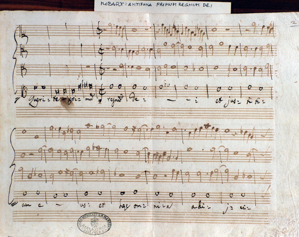 Pagina di spartito di Querite primum regnum Dei di Mozart per ottenere il titolo di Accademico filarmonico (1770) da Wolfgang Amadeus Mozart