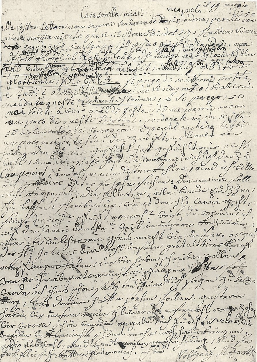Wolfgang Amadeus Mozart (1756-1791) compositore austriaco. Lettera autografa alla sorella Nannerl. Napoli 19 marzo 1770 da Wolfgang Amadeus Mozart
