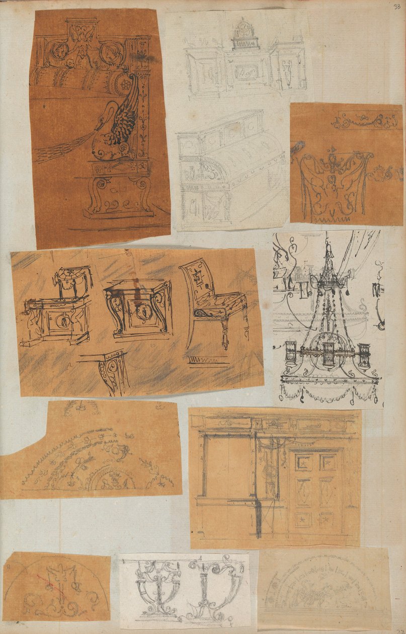 Pagina di un album contenente disegni e diverse stampe di architettura da Workshop of Charles Percier, Workshop of Pierre