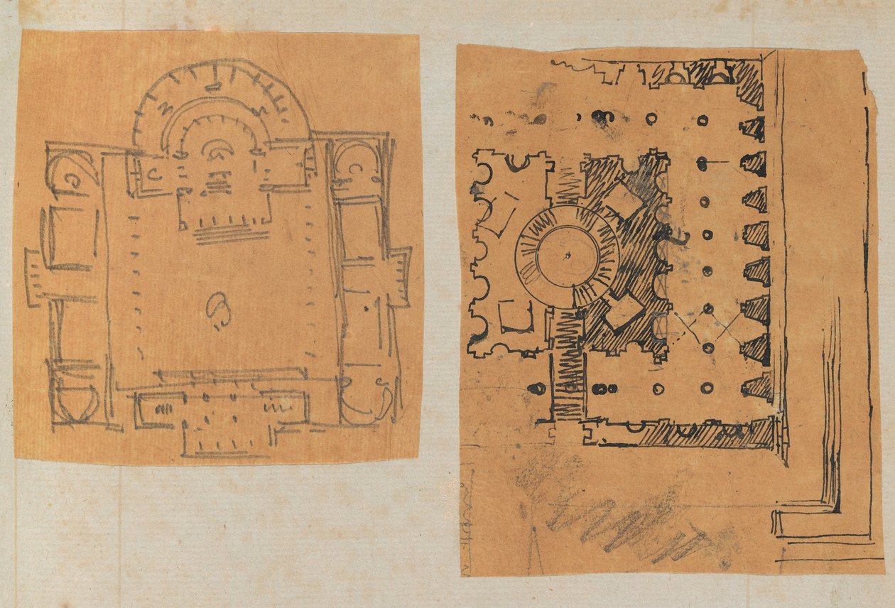 Pagina di un album contenente disegni e diverse stampe di architettura, int..., ca. 1800-1850. Creatori: Officina di Charles Percier, Officina di Pierre François Léonard Fontaine da Workshop of Charles Percier, Workshop of Pierre