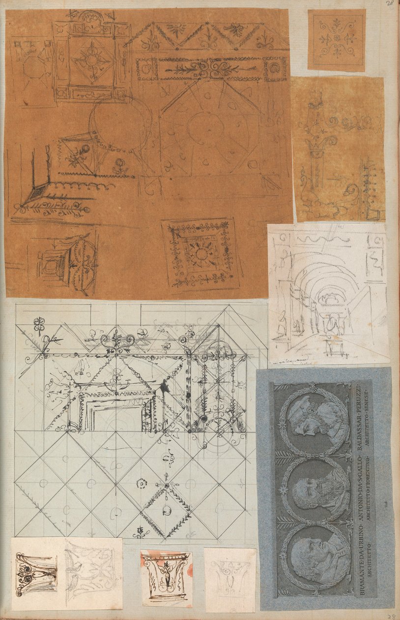Pagina di un album contenente disegni e diverse stampe di architettura, ca. 1800-1850 da Workshop of Charles Percier, Workshop of Pierre