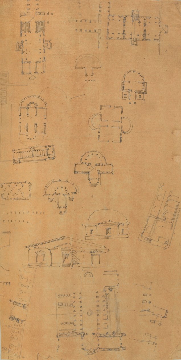 Pagina di un album contenente disegni e diverse stampe di architettura, ca. 1800-1850. Creatori: Officina di Charles Percier, Officina di Pierre François Léonard Fontaine da Workshop of Charles Percier, Workshop of Pierre
