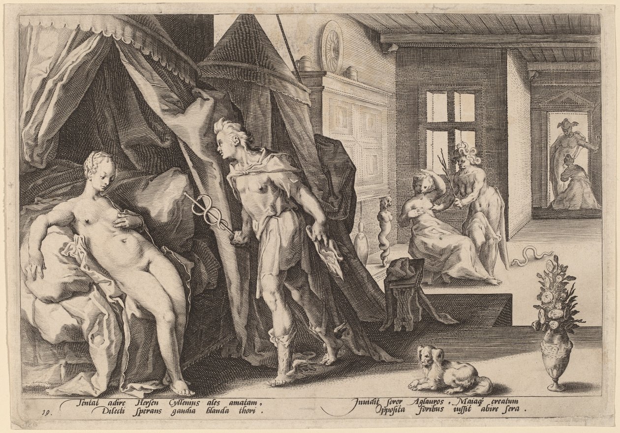 Mercurio entra nella stanza di Erse dopo aver trasformato Agraulos in pietra da Workshop of Hendrick Goltizus, after Hendrick Goltzius