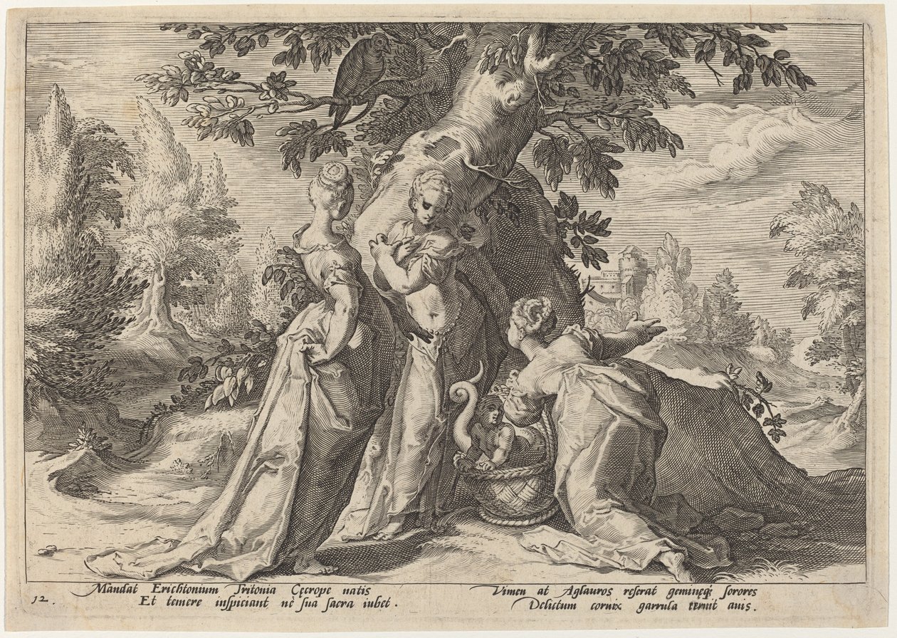 Le figlie di Cecrope aprono il cesto affidato loro da Minerva da Workshop of Hendrick Goltzius, after Hendrick Goltzius