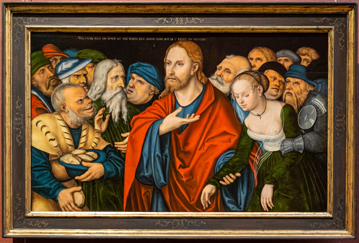 Tedesco: Christus und die Ehebrecherin Cristo e la donna presa in adulterio da workshop of Lucas Cranach the Elder