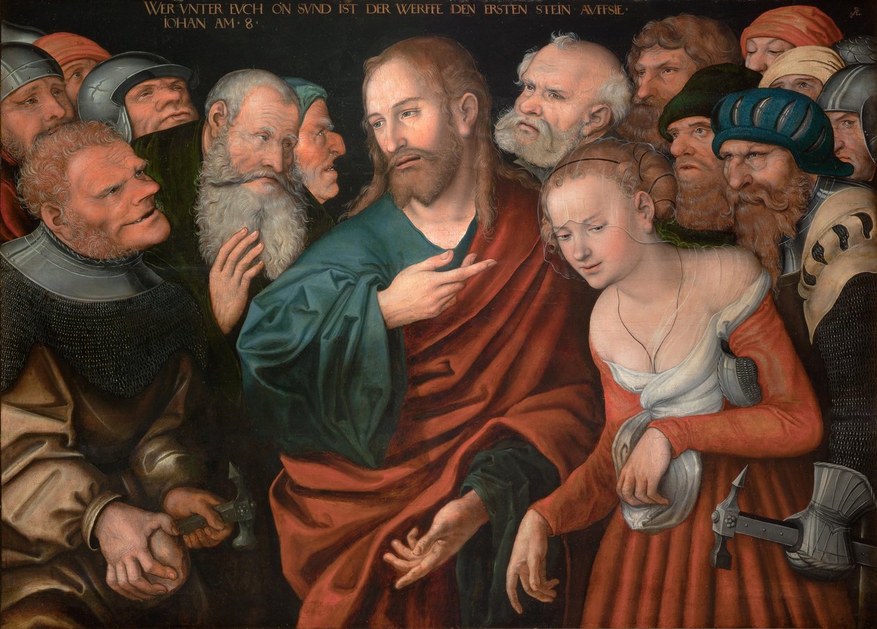 Tedesco: Christus und die Ehebrecherin Gesù Cristo e la donna presa in adulterio da workshop of Lucas Cranach the Elder