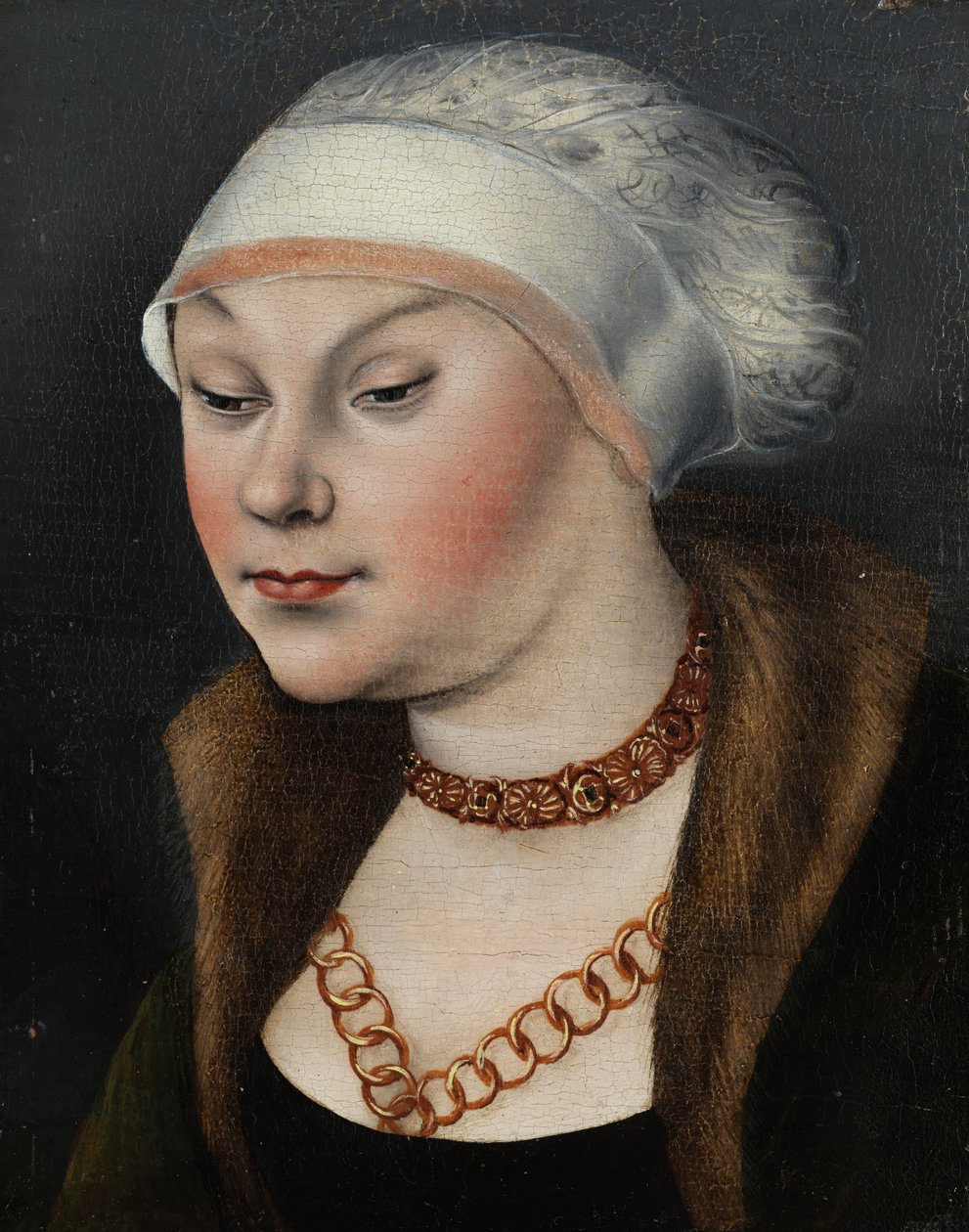 Tedesco: Kopf einer Dame mit weißer Haube (Omphale) Testa di donna con cappellino bianco da workshop of Lucas Cranach the Elder