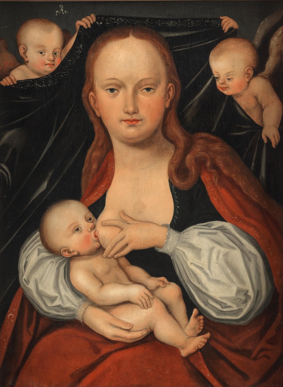 La Madonna con il Bambino davanti a una tenda sostenuta da due angeli da workshop of Lucas Cranach the Elder
