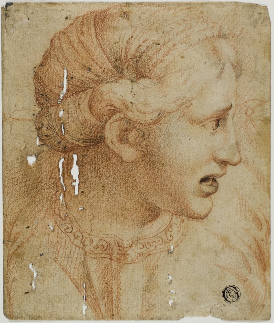 Testa femminile di profilo, rivolta a destra da Workshop of Raphael