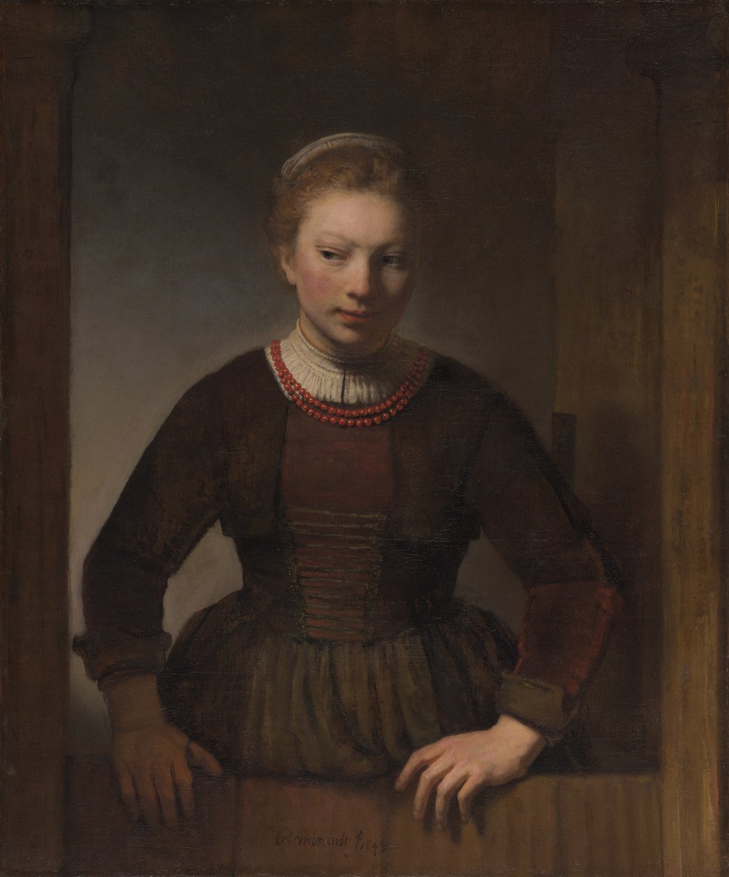 Giovane donna davanti a una mezza porta aperta da Workshop of Rembrandt van Rijn