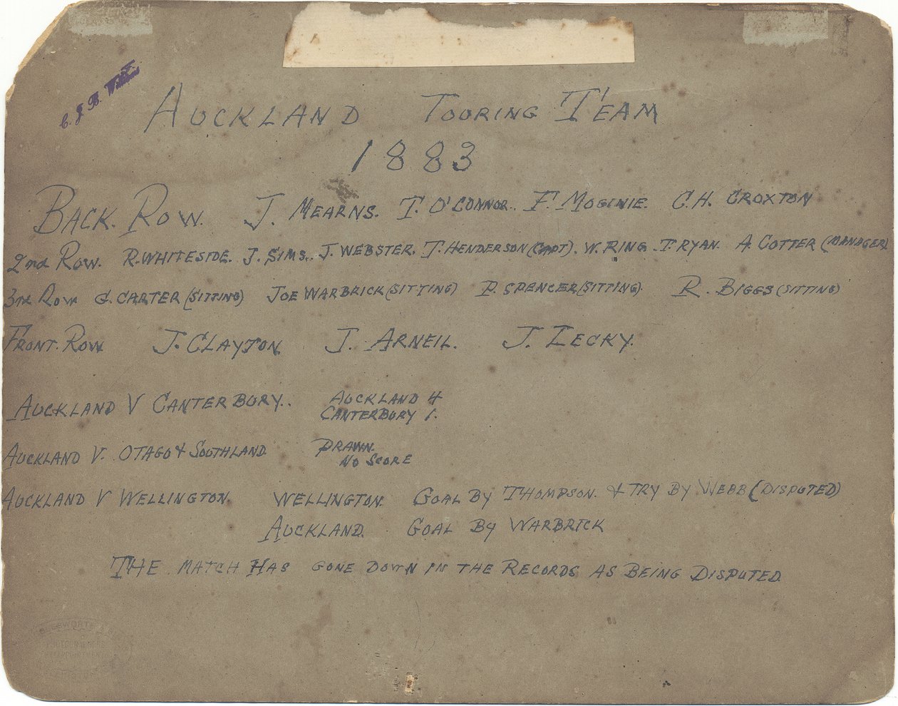 Squadra di Auckland in tournée, 1883 da Wrigglesworth and Binns