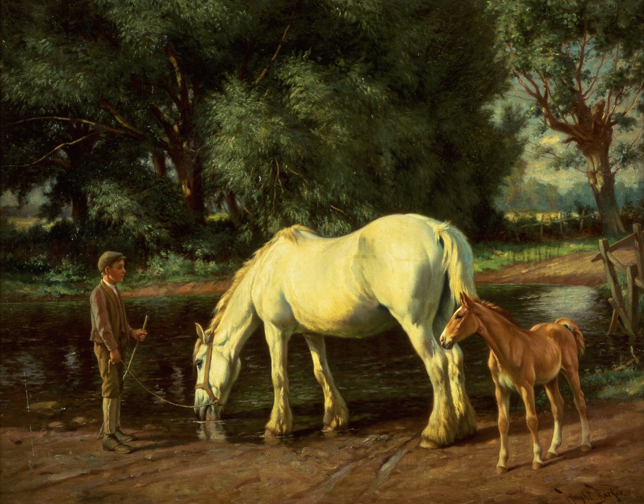 Una giumenta e il suo puledro al guado (olio su tela) da Wright Barker