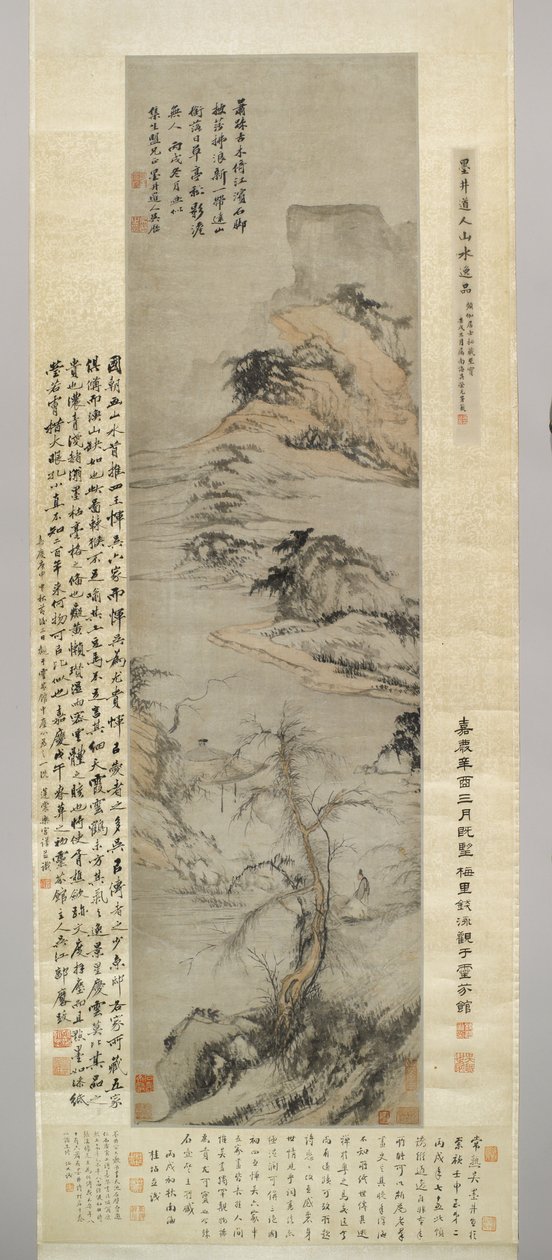 Un vecchio che cammina vicino a un ruscello, con montagne lontane, 1706 da Wu Li