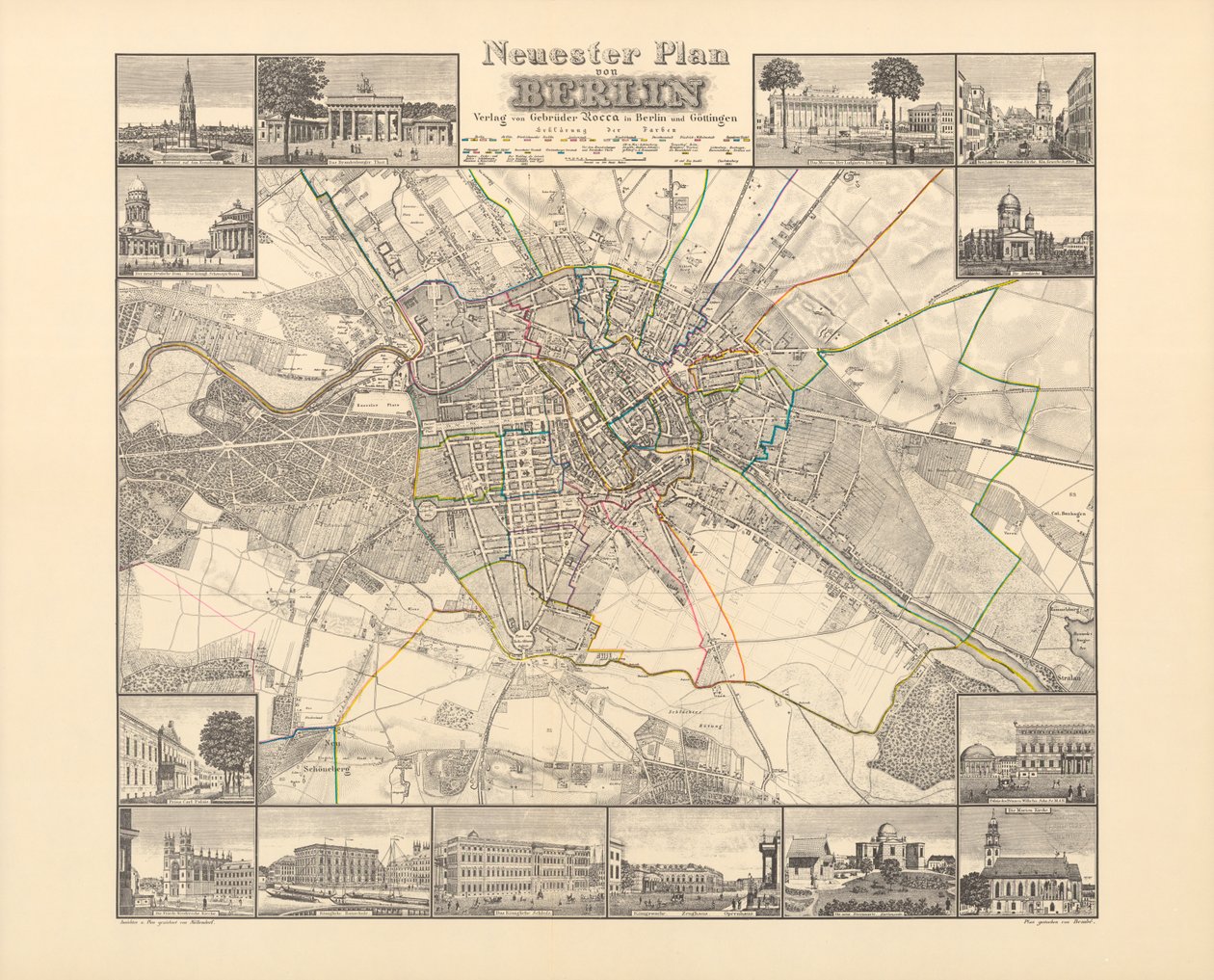 Mappa storica di Berlino, pubblicata da Verlag von Gebrueder Rocca, Berlino 1838 da W.v. Moellendorf