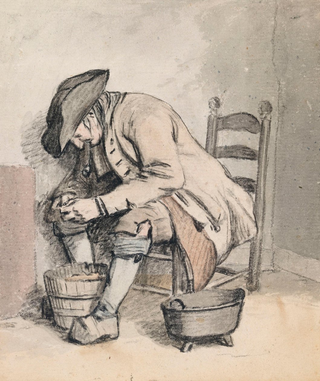 Un uomo seduto chino su un secchio; tre donne (in ombra) sul retro da Wybrand Hendriks
