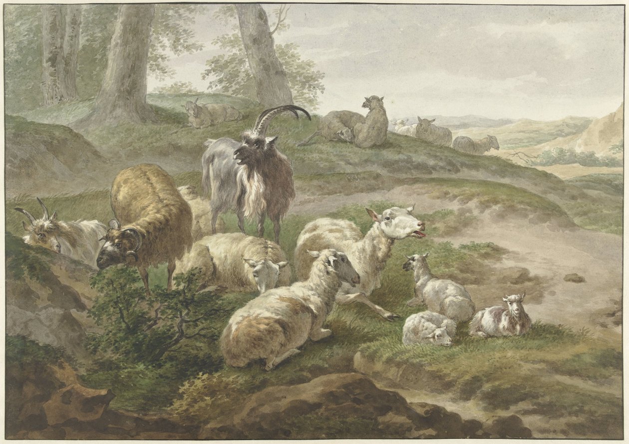 Capre e pecore in un paesaggio collinare da Wybrand Hendriks