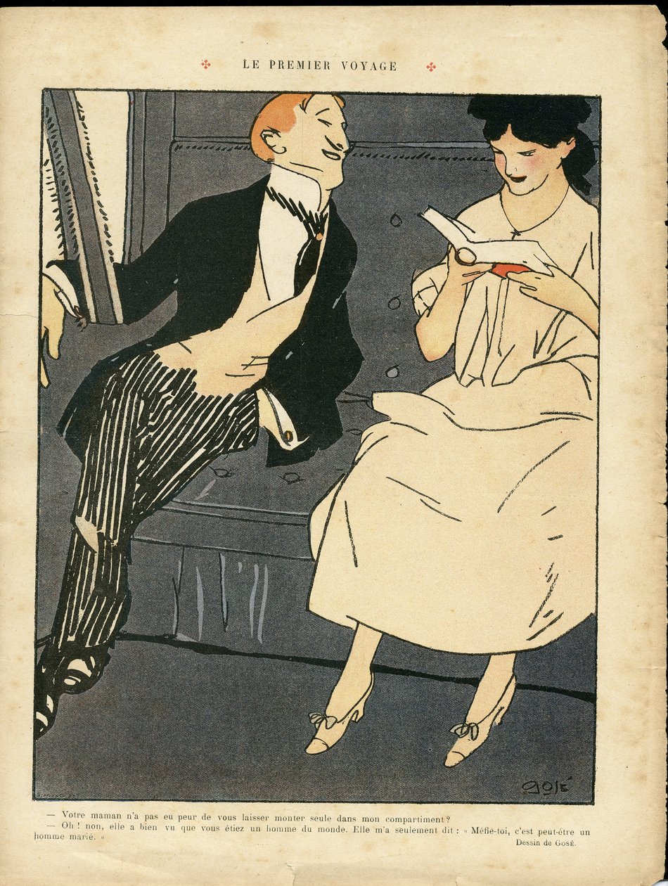 Illustrazione di Xavier Gose (1876-1915) in Le Lire, 27/08/10 - Il primo viaggio - Treno ferroviario, moda maschile, adulterio da Xavier Gose