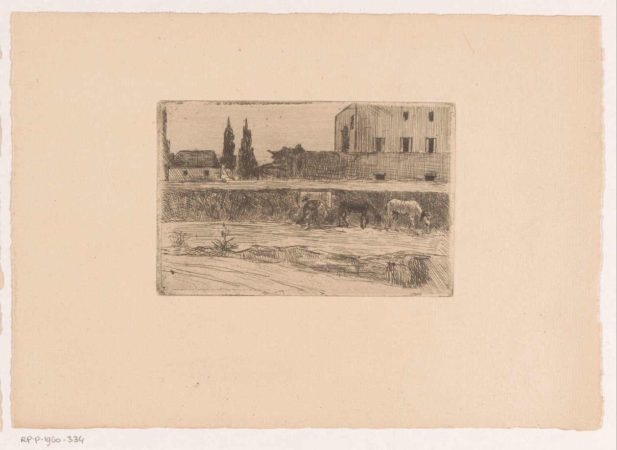 Paesaggio con edifici e una figura al lavoro da Xavier Mellery (attributed to)