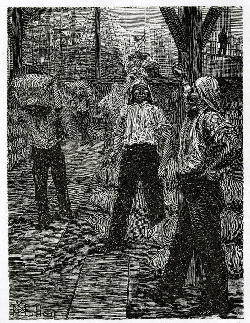 Lo scarico di una nave, i portuali con la testa coperta da un berretto di catrame, accumulano le merci sui moli del porto di Anversa. Incisione di X. Mellery, per illustrare il racconto del Belgio, di Camille Lemonnier, pubblicato in Le tour du monde, a cu da Xavier Mellery