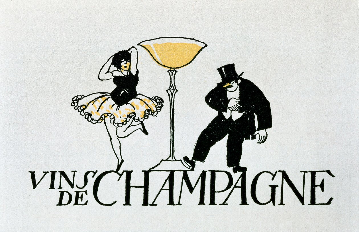 Vignetta pubblicitaria per vini Champagne che rappresenta una coppia che balla intorno a una coppa, XX secolo (manifesto) da Xavier Nogues