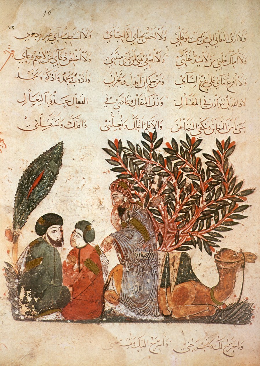 Ms Ar 5847 f.10, La carovana si ferma: Al-Harith (al-Hariri) ascolta la conversazione tra un uomo e suo figlio, da Al Maqamat di Al Hariri, c.1240 (guazzo su pergamena) da Yahya ibn Mahmud Al Wasiti