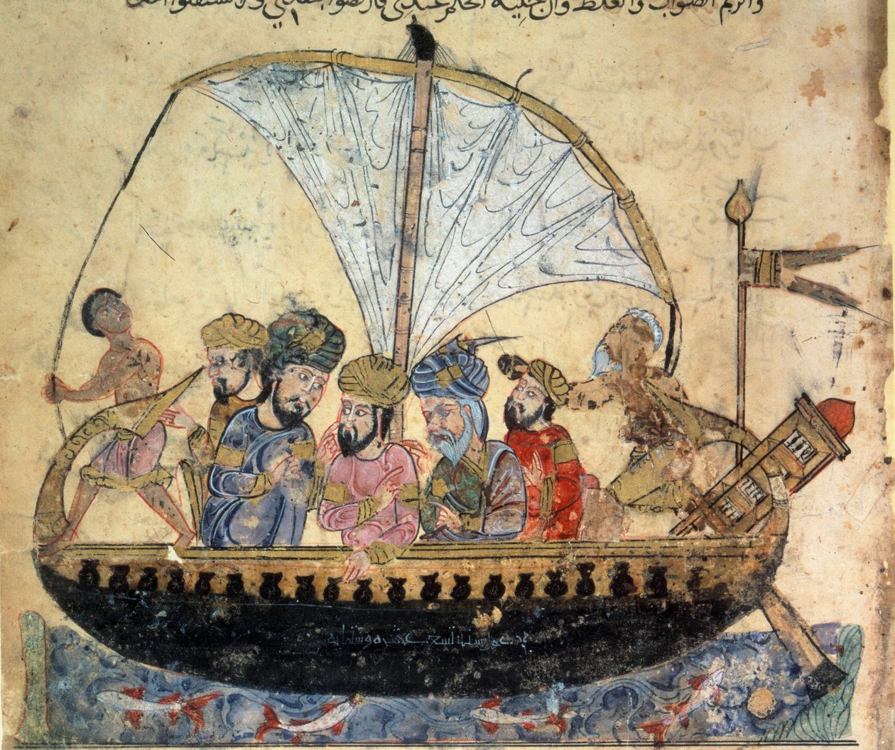 il borghese al-Harith (Al Harith), figlio di Hammam, e il navigatore errante Abu-Zayd (Abu Zayd) su una barca che naviga sull