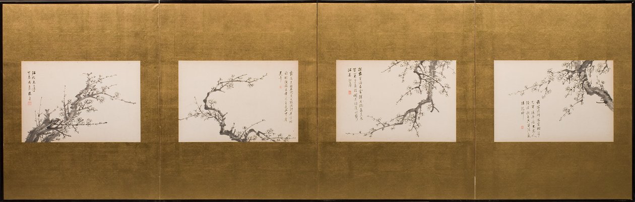 Fiori di pruno, paravento pieghevole, periodo Edo 1844 (inchiostro su carta) (cfr. anche 752778-82) da Yamamoto Baiitsu