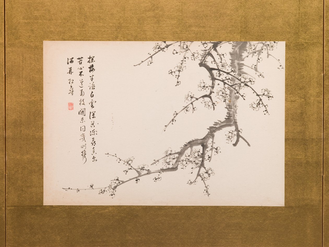 Fiori di pruno, paravento, pannello 2 di 4, periodo Edo 1844 (inchiostro su carta) (cfr. anche 752778-82) da Yamamoto Baiitsu