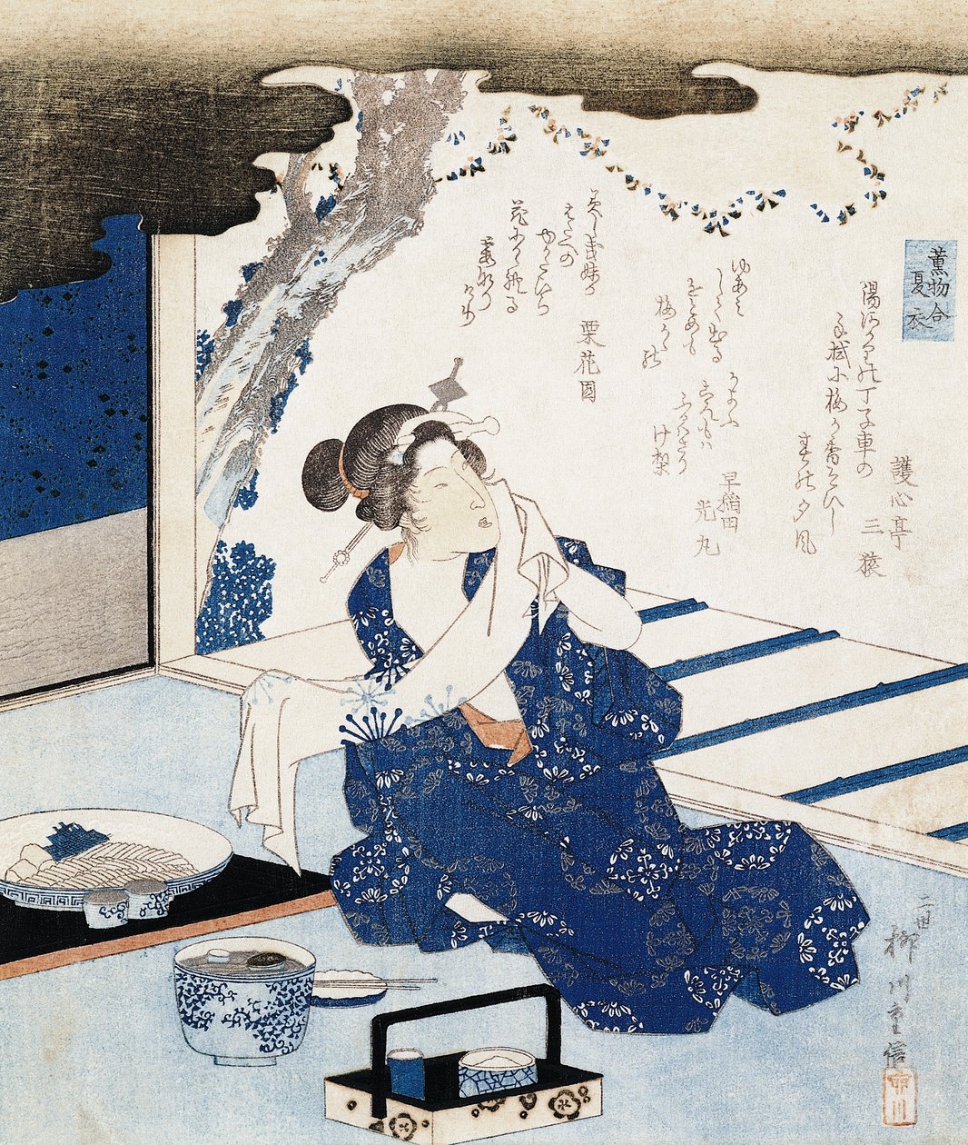 Cortigiana che indossa yukata (kimono in cotone blu e bianco), pannello decorato con poesia da Yanagawa II Shigenobu