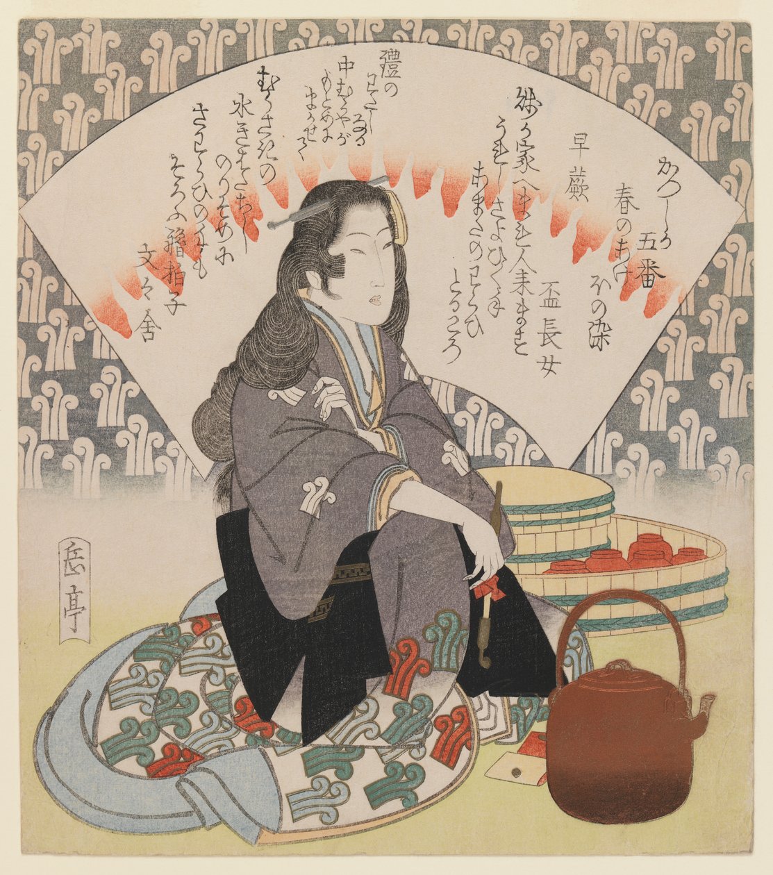 Cameriera e bollitore di rame dalla serie di 5 Surimono per il club di poesia Katsushika, c.1830 da Yashima Gakutei