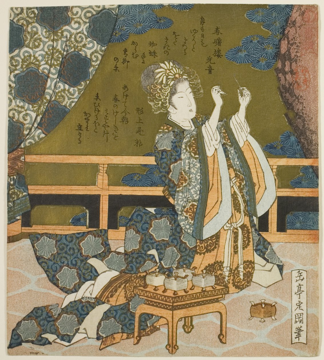 Due donne cinesi che esaminano un filo e una ragnatela in una scatola, dalla serie "Dittico per il gruppo del tamburo" da Yashima Gakutei