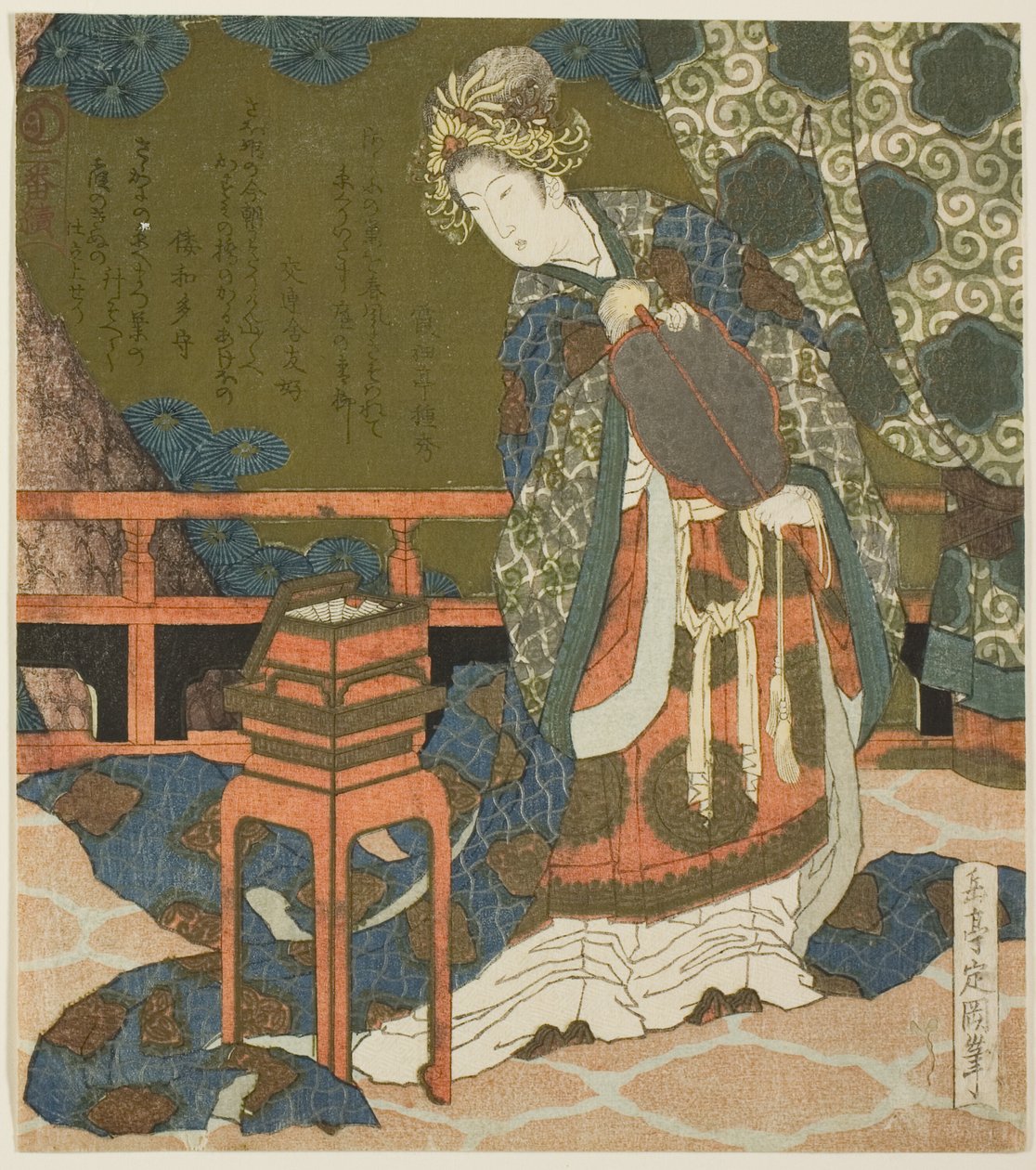 Due donne cinesi che esaminano un filo e una ragnatela in una scatola, dalla serie "Dittico per il gruppo del tamburo" da Yashima Gakutei
